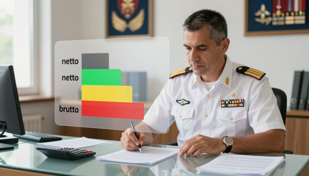 A visually engaging and informative scene depicting the concepts of "netto" and "brutto" salaries in a professional setting. In the foreground, a well-dressed middle-aged male major in a crisp military uniform is calculating figures on a sleek glass table, with financial documents and a calculator scattered around. In the middle, a partly transparent overlay of a salary breakdown chart shows the difference between netto and brutto amounts, highlighted in clear colors. The background features an office environment with subtle military decor, like framed medals and insignia, bathed in natural lighting from a nearby window. The atmosphere is serious yet approachable, conveying a sense of professionalism and financial awareness.