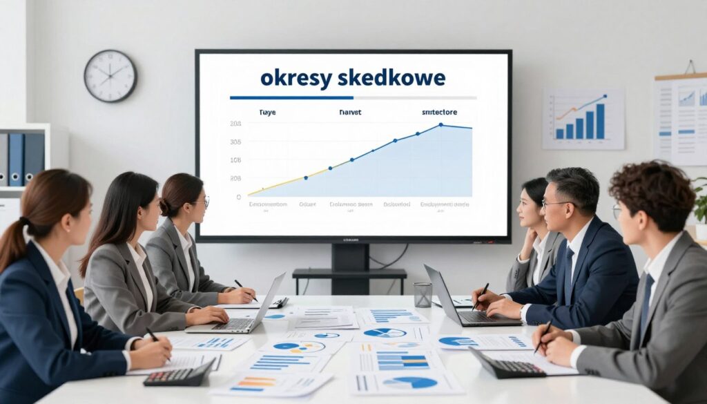 A visually engaging illustration representing "okresy składkowe" in relation to retirement contributions. In the foreground, a diverse group of professionals in business attire is gathered around a large table filled with documents, charts, and calculators, symbolizing the analysis of pension calculations. In the middle, a large screen displays infographics depicting various years and types of contribution periods, such as employment records and education. The background features a modern office environment with subtle elements related to finance, like a clock and graphs on the walls. The lighting is bright and professional, illuminating the scene to convey a sense of clarity and focus. The overall mood is serious yet hopeful, emphasizing the importance of understanding contribution periods for future financial security.
