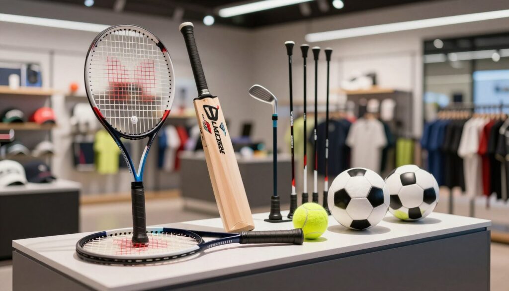 A visually striking display of various sports equipment showcased on a sleek, modern exhibition platform. In the foreground, a high-quality tennis racket and a neatly coiled tennis ball are featured prominently, symbolizing the precision of Slazenger products. In the middle, a collection of carefully arranged items including a cricket bat, golf clubs, and soccer balls, demonstrating diversity in sports gear. The background is an elegant blurred view of a well-lit sports shop, creating a welcoming atmosphere. Soft, natural lighting enhances the textures of the equipment while highlighting the brand logos. The image exudes professionalism and quality, inviting the viewer to consider the merits of Slazenger compared to its competitors.
