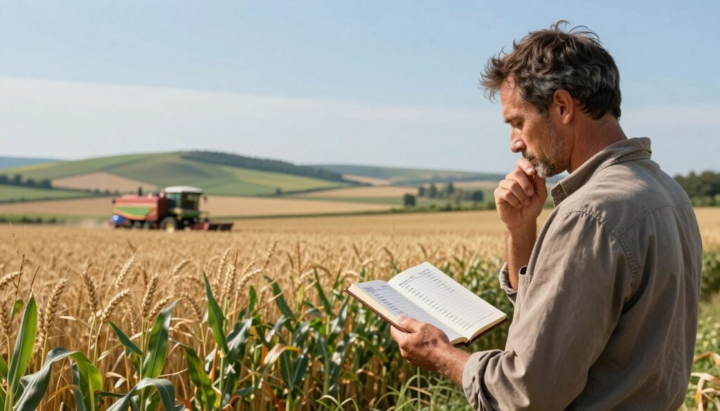 A visually striking image depicting the costs of running a farm, illustrating the contrast between income and expenses. In the foreground, a farmer in modest casual clothing stands thoughtfully beside an open ledger, with calculations visible on the pages, representing real earnings and costs. The middle ground showcases a diverse farmland scene with crops like wheat and corn, alongside farm machinery, highlighting the operational aspects of farming. In the background, rolling hills and a clear blue sky set a serene rural atmosphere. Soft, natural lighting illuminates the scene, creating an optimistic yet realistic mood. The angle is slightly elevated to capture the broad landscape and emphasize the relationship between the farmer and the land, showcasing the financial realities of agriculture.