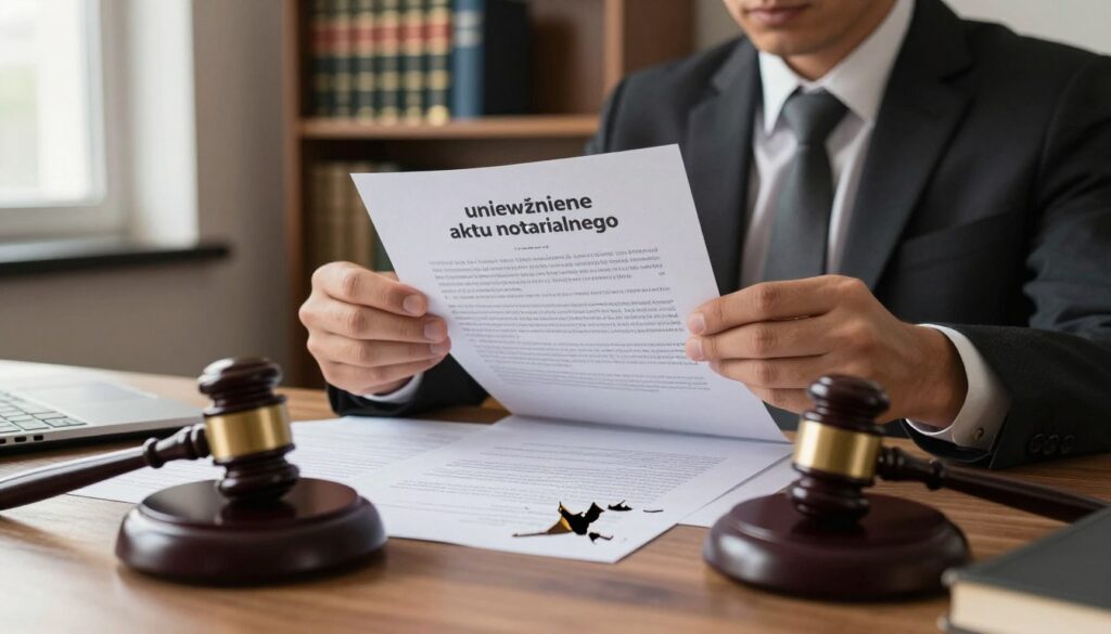 A visually striking representation of the concept of "unieważnienie aktu notarialnego", featuring a formal office setting. In the foreground, a wooden desk cluttered with legal documents, a gavel, and a broken seal of a notarial act. In the middle, a pair of hands in business attire pulling apart a formal document, symbolizing annulment, with a focused expression portraying determination. In the background, a bookshelf filled with legal books and a window casting soft afternoon light, creating a warm yet serious atmosphere. The lighting should highlight the tension and gravity of the act of annulment, with a focus on the hands and documents to evoke a sense of urgency and importance in the legal process. A visually striking representation of the concept of "unieważnienie aktu notarialnego", featuring a formal office setting. In the foreground, a wooden desk cluttered with legal documents, a gavel, and a broken seal of a notarial act. In the middle, a pair of hands in business attire pulling apart a formal document, symbolizing annulment, with a focused expression portraying determination. In the background, a bookshelf filled with legal books and a window casting soft afternoon light, creating a warm yet serious atmosphere. The lighting should highlight the tension and gravity of the act of annulment, with a focus on the hands and documents to evoke a sense of urgency and importance in the legal process.