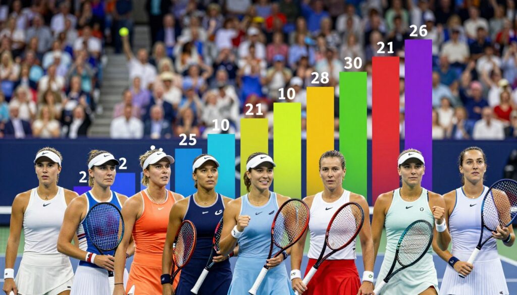 A visually striking representation of the global ranking of female tennis player earnings, featuring a dynamic composition. In the foreground, showcase a diverse group of female tennis players in professional athletic attire, each holding a tennis racket and positioned to reflect their rankings. In the middle, display a stylized bar graph that highlights the top earners, symbolizing their financial success; use vibrant colors to differentiate between players. In the background, illustrate a sports court with a cheering crowd, creating an energetic atmosphere. Use soft, even lighting to enhance clarity, with a shallow depth of field to focus on the players and the graph. The overall mood should be inspiring, celebrating the achievements of women in sports.