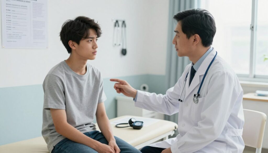 A well-lit medical examination room featuring a professional doctor in a white lab coat examining a young adult student. The student is seated on an examination table, looking slightly anxious but cooperative, dressed in modest casual clothing. Behind them, medical charts, a stethoscope, and a sphygmomanometer are visible, creating an authentic and clinical atmosphere. Soft, natural light filters through a window, giving a calm and reassuring feel to the room. The angle is slightly above eye level, allowing a clear view of both the doctor’s focused expression and the student’s apprehensive demeanor. The scene captures the essence of a routine medical examination, emphasizing the importance of health checks for students, set in a clean and organized environment. A well-lit medical examination room featuring a professional doctor in a white lab coat examining a young adult student. The student is seated on an examination table, looking slightly anxious but cooperative, dressed in modest casual clothing. Behind them, medical charts, a stethoscope, and a sphygmomanometer are visible, creating an authentic and clinical atmosphere. Soft, natural light filters through a window, giving a calm and reassuring feel to the room. The angle is slightly above eye level, allowing a clear view of both the doctor’s focused expression and the student’s apprehensive demeanor. The scene captures the essence of a routine medical examination, emphasizing the importance of health checks for students, set in a clean and organized environment.