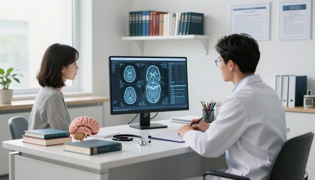 A well-lit neurologist’s office featuring a sleek, modern design. In the foreground, a neurologist in professional attire is examining a patient’s brain scan displayed on a high-tech screen. The middle ground showcases a large desk with medical books, a stethoscope, and anatomical models of the human brain. In the background, there are shelves filled with medical journals and certifications on the wall, indicating a professional environment. Soft, natural light filters through a window, creating a calm and focused atmosphere. The angle is slightly angled to capture both the neurologist and the details of the office. The overall mood is one of professionalism and dedication to patient care.