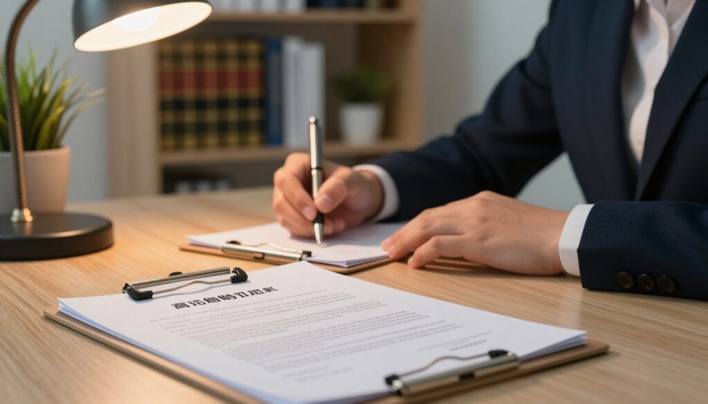 A well-organized desk setup showcasing a student internship contract prominently placed on a clipboard. In the foreground, the contract is partially visible, highlighted by a warm desk lamp casting a soft glow, emphasizing the importance of legal documents in protecting rights. The middle layer features a close-up of a pair of hands, one holding a pen poised to sign, dressed in professional business attire, suggesting a moment of commitment. The background includes a bookshelf filled with legal books and a potted plant, adding a touch of life and professionalism to the scene. The overall atmosphere is focused and serious, conveying the significance of understanding internship agreements with a soft, warm lighting that creates an inviting yet professional ambiance.