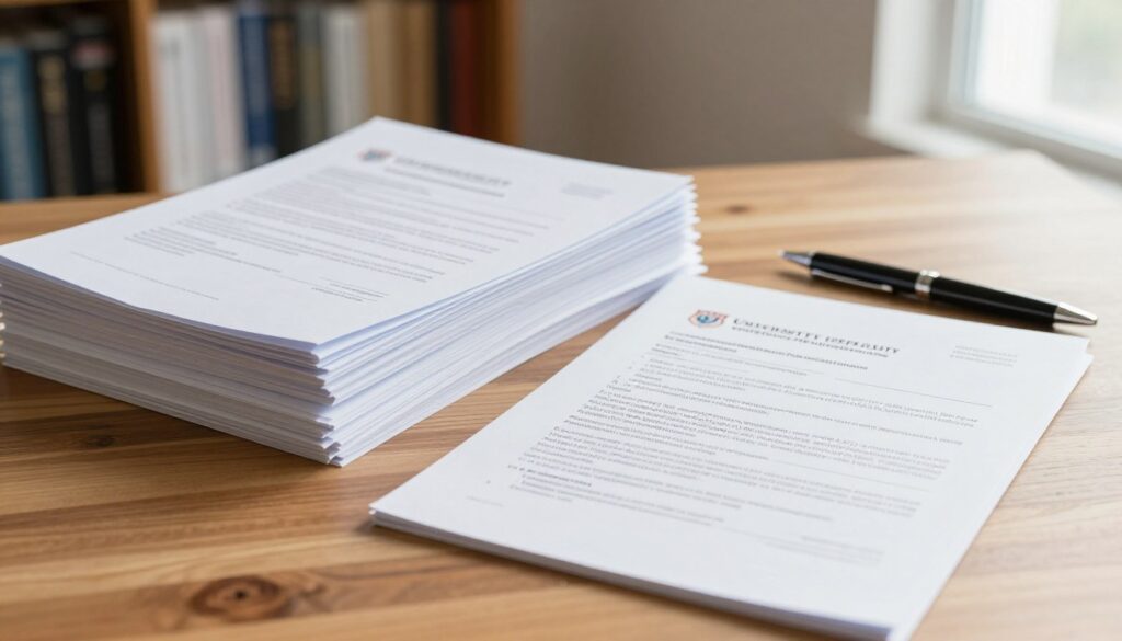 A well-organized stack of official documents related to university funding applications, prominently featuring forms and papers indicative of a funding request. The foreground highlights sharp, clear details of the documents, such as crisp edges and neatly filled sections, emphasizing their importance. In the middle, a wooden desk adds warmth, while a stylish pen lies beside the documents, suggesting readiness to sign. The background includes a softly blurred bookshelf filled with academic texts, indicating a studious environment. The lighting is bright and natural, coming from a nearby window, casting gentle shadows that create an inviting atmosphere. The overall mood is professional, focused, and optimistic, reflecting the pursuit of educational funding through diligent preparation. A well-organized stack of official documents related to university funding applications, prominently featuring forms and papers indicative of a funding request. The foreground highlights sharp, clear details of the documents, such as crisp edges and neatly filled sections, emphasizing their importance. In the middle, a wooden desk adds warmth, while a stylish pen lies beside the documents, suggesting readiness to sign. The background includes a softly blurred bookshelf filled with academic texts, indicating a studious environment. The lighting is bright and natural, coming from a nearby window, casting gentle shadows that create an inviting atmosphere. The overall mood is professional, focused, and optimistic, reflecting the pursuit of educational funding through diligent preparation.