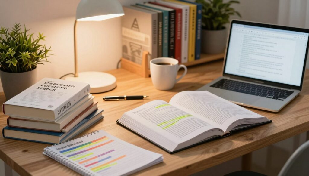 A well-organized study desk in a cozy academic setting, showcasing essential resources for writing essays. In the foreground, a stack of neatly arranged books and articles, some opened to reveal highlighted passages, surrounded by a laptop with notes and a colorful checklist. The middle ground features a warm, inviting desk lamp casting a soft glow, illuminating a coffee mug and a fountain pen. In the background, a bookshelf filled with various academic texts and decorative plants adds a vibrant touch. The mood is focused and productive, emphasizing the importance of proper citation and literature use. The lighting is warm and natural, suggesting an afternoon study session, capturing a serene yet intellectual atmosphere.