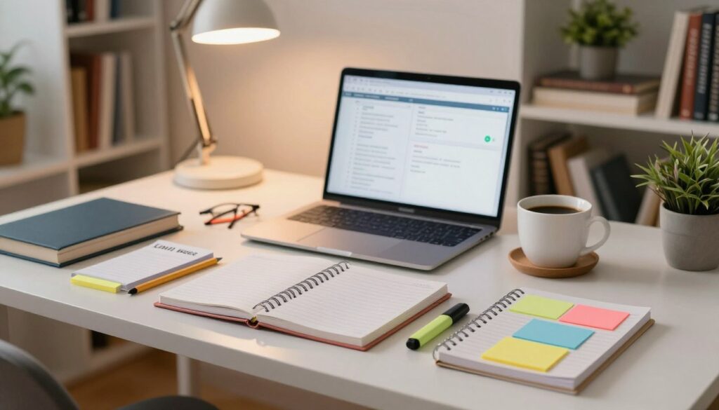 A well-organized study desk scene featuring neat and colorful notes spread out across the surface. In the foreground, focus on a set of neatly stacked notebooks with clear labels, colorful sticky notes, and a highlighter. The middle ground shows an open laptop displaying a digital study plan, with a coffee cup resting beside it for an inspiring study atmosphere. In the background, a cozy study room is softly lit by a warm desk lamp, with bookshelves filled with textbooks and plants. The overall mood is calm and productive, encouraging effective studying techniques. The image captures a blend of organization and creativity, perfectly suited for a study-themed article.