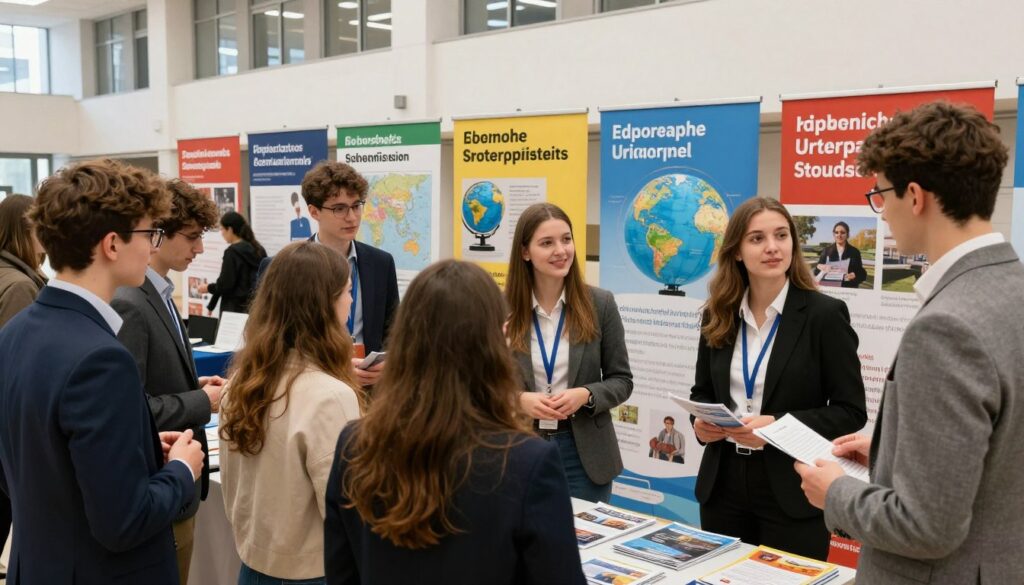A well-organized university recruitment fair focusing on geography studies in Poland. In the foreground, a diverse group of students in professional business attire, engaging with friendly academic advisors behind an information booth filled with brochures about geography programs. In the middle ground, bright banners displaying various geography-related terms and images of maps and globes, indicating different study paths. The background features a spacious university hall with modern architecture, large windows allowing soft natural light to filter in, creating a welcoming atmosphere. Capture the scene from a slightly elevated angle, emphasizing the interaction and interest among students as they explore their academic future in geography. The overall mood is energetic and inspiring, reflective of opportunities and aspirations in geographic studies.