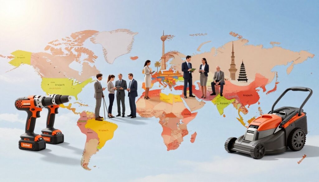 A world map filled with vibrant colors depicting "krajach" or countries where Einhell operates, highlighting key nations in bright tones. In the foreground, illustrate tools and equipment synonymous with Einhell, such as power drills and lawn mowers, arranged artistically atop the map. The middle ground features silhouettes of diverse professionals, dressed in smart business attire, collaborating with tools, representing teamwork and quality in various global settings. The background shows outlines of iconic landmarks from selected countries, blended seamlessly into a blue sky. Soft natural lighting casts gentle shadows, suggesting early morning or late afternoon, creating a hopeful and enthusiastic atmosphere that reflects innovation and global reach. The image is vivid, engaging, and focused without any text elements.