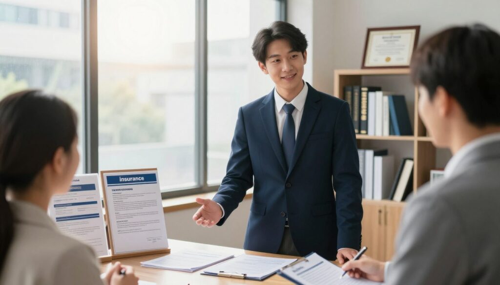 An aspiring insurance agent standing confidently in a well-lit office environment, surrounded by insurance brochures and client files. The agent, a young professional in a smart business suit, is engaged in a conversation with a satisfied client, who is showing interest in a policy. The office features a large window with natural light pouring in, casting a warm glow on the scene. In the background, a bookshelf lined with industry-related books and a framed diploma can be seen, adding a sense of professionalism. The atmosphere is encouraging and motivational, emphasizing the journey of becoming an insurance agent and the importance of formal requirements in the process. Use a slightly elevated angle to capture the dynamics of the conversation, creating a feeling of professionalism and approachability.