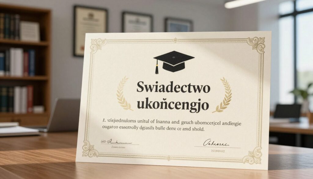 An elegant "świadectwo ukończenia" certificate prominently displayed in the foreground, featuring ornate borders and high-quality paper texture. The certificate should show a range of academic symbols, such as a graduation cap and laurel wreath, suggesting scholarly achievement. In the middle ground, a softly blurred background of a modern office setting, with bookshelves and diplomas hanging on the wall, creating a professional atmosphere. Natural light streams through a nearby window, casting gentle shadows and highlighting the details of the certificate. The overall mood should be inspiring and formal, evoking a sense of accomplishment and recognition in pursuing postgraduate studies. An elegant "świadectwo ukończenia" certificate prominently displayed in the foreground, featuring ornate borders and high-quality paper texture. The certificate should show a range of academic symbols, such as a graduation cap and laurel wreath, suggesting scholarly achievement. In the middle ground, a softly blurred background of a modern office setting, with bookshelves and diplomas hanging on the wall, creating a professional atmosphere. Natural light streams through a nearby window, casting gentle shadows and highlighting the details of the certificate. The overall mood should be inspiring and formal, evoking a sense of accomplishment and recognition in pursuing postgraduate studies.