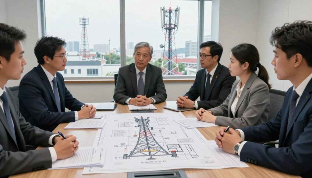 An official-looking office environment, with a conference table in the foreground, where a diverse group of professionals in business attire are engaged in a serious discussion about telecommunications regulations. In the middle, a large blueprint of a telecommunications tower and related infrastructure is spread out on the table, with important legal documents and guidelines visible. In the background, a large window reveals a cityscape with cellular towers and antennas on rooftops, symbolizing connectivity. The lighting is bright and natural, suggesting a productive daytime meeting. The atmosphere is focused and collaborative, reflecting the importance of legal foundations for public communication investments.