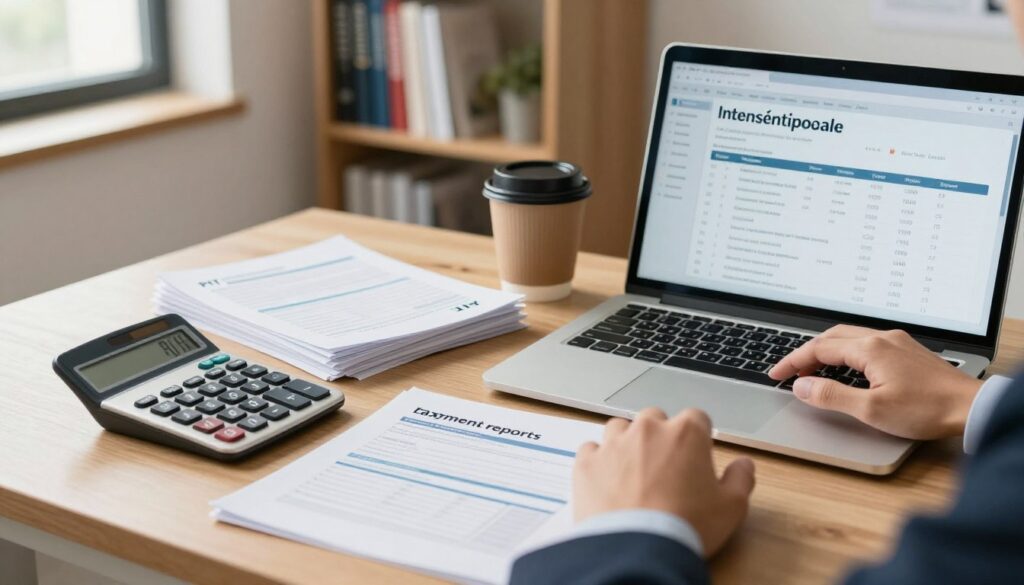 An organized desk with a calculator, documents, and a laptop displaying financial spreadsheets related to internship wages. In the foreground, a close-up of a hand in a professional business attire typing on the laptop keyboard. The middle layer includes neatly stacked papers labeled 'PIT', 'tax forms', and 'payment reports', while a coffee cup rests beside the laptop. The background features a softly lit office room with a bookshelf filled with financial and business books. Natural light streams through a window, creating a warm atmosphere, evoking a sense of productivity and professionalism. The overall mood is focused and informative, suitable for illustrating the topic of salary settlement and tax documentation related to internships.