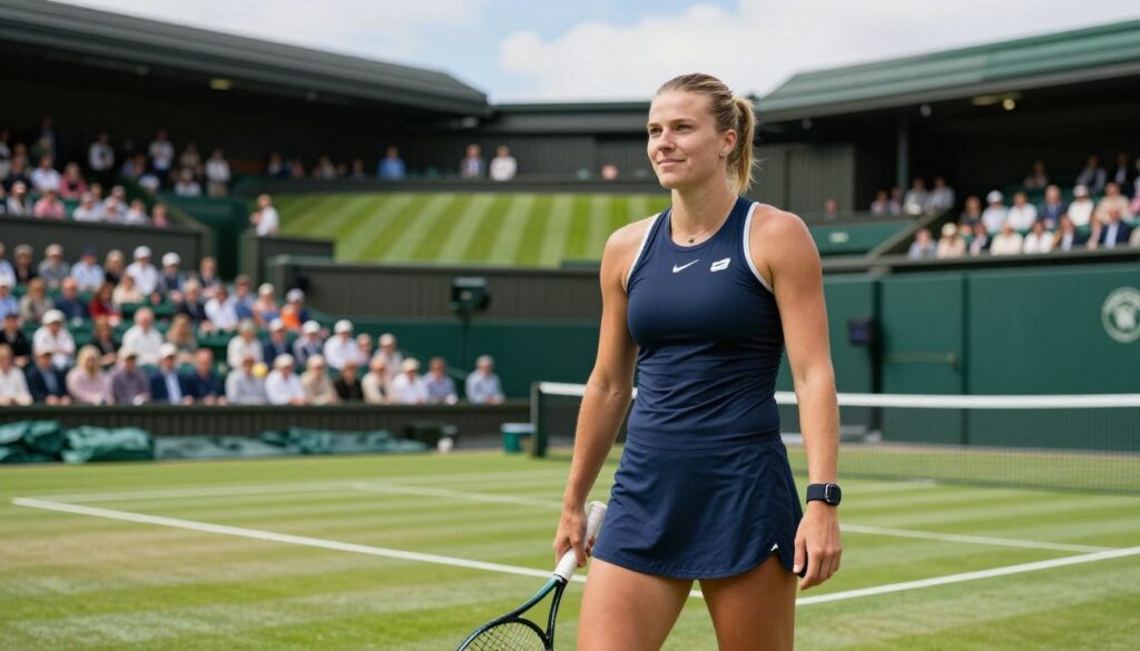 Iga Świątek, the renowned Polish tennis player, elegantly poised on a lush green Wimbledon court after a recent match. She is wearing a smart, professional tennis outfit, reflecting her athletic prowess, with her hair neatly tied back. In the foreground, she's holding her tennis racket, displaying a focused yet content facial expression. The middle ground captures the iconic Wimbledon hill with spectators watching in admiration, all under a bright, sunny sky that casts soft, natural light on the scene. The background features the historic Centre Court, easily identifiable, enhancing the atmosphere of achievement and celebration. The overall mood is one of determination and success, symbolizing her significant earnings and achievements in tennis.