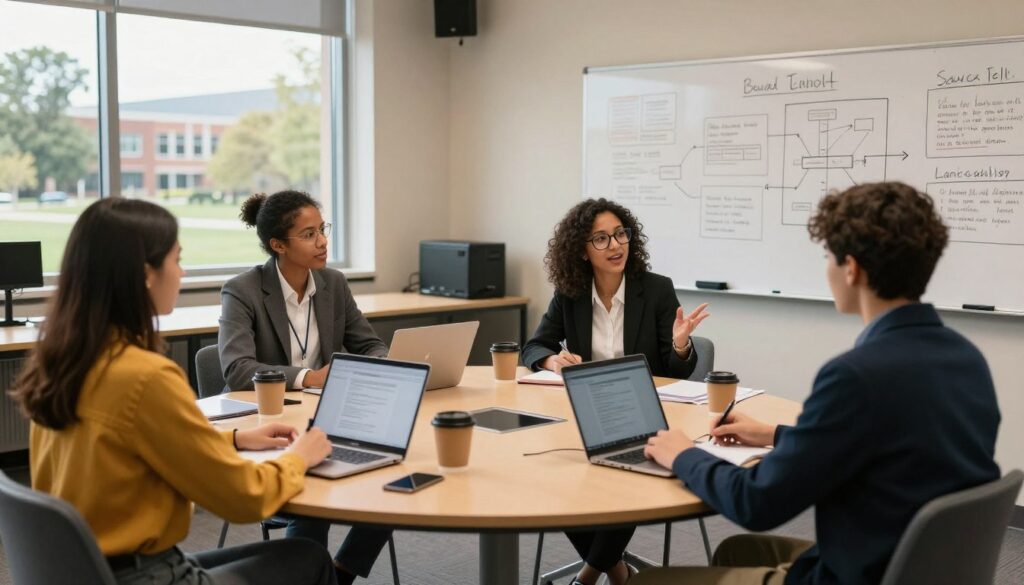 In a modern university classroom setting, a diverse group of students engaged in a lively seminar discussion. The foreground features four students, two females and two males, dressed in professional business attire, sitting around a large oval table with laptops, notebooks, and coffee cups. One student, a woman with glasses, is enthusiastically presenting her ideas, while the others listen attentively and take notes. The middle ground shows a whiteboard filled with brainstorming notes and diagrams, emphasizing collaborative learning. In the background, large windows let in soft, natural light, showcasing a scenic campus view. The atmosphere is focused yet vibrant, conveying the dynamic nature of seminar learning, distinct from traditional lectures. A warm color palette enhances the inviting and academic mood.