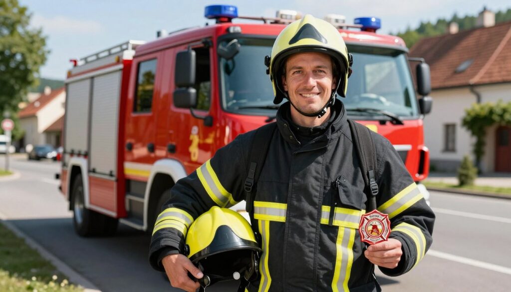 A Polish firefighter in full uniform stands proudly with a slight smile, showcasing their professional demeanor. The foreground features the firefighter holding a helmet in one hand and a fire department badge in the other, symbolizing dedication and service. The middle ground displays a modern fire engine with vibrant red hues, gleaming under bright, natural sunlight. In the background, a panoramic view of a small Polish town can be seen, with traditional architecture and green trees lining the street. The atmosphere is energetic and uplifting, emphasizing community support for firefighters. Soft, warm lighting enhances the image, creating a sense of pride and honor. The composition should be framed at eye level, focusing on facial expressions and the firefighter's attire, while maintaining a clear and professional tone. A Polish firefighter in full uniform stands proudly with a slight smile, showcasing their professional demeanor. The foreground features the firefighter holding a helmet in one hand and a fire department badge in the other, symbolizing dedication and service. The middle ground displays a modern fire engine with vibrant red hues, gleaming under bright, natural sunlight. In the background, a panoramic view of a small Polish town can be seen, with traditional architecture and green trees lining the street. The atmosphere is energetic and uplifting, emphasizing community support for firefighters. Soft, warm lighting enhances the image, creating a sense of pride and honor. The composition should be framed at eye level, focusing on facial expressions and the firefighter's attire, while maintaining a clear and professional tone.