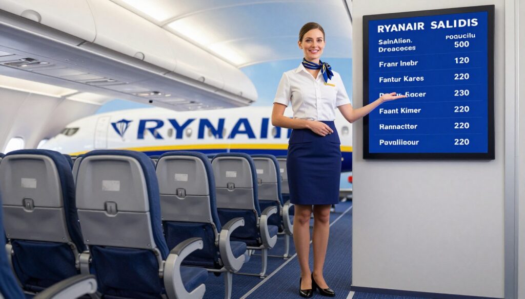 A Ryanair flight attendant stands confidently in the foreground, dressed in a crisp, professional uniform, complete with a neat scarf and polished shoes. She is portrayed with a friendly smile, as she gestures towards a mock flight information display that highlights key factors influencing salaries. In the middle ground, a modern airplane cabin is visible, showcasing rows of passenger seats and safety equipment, emphasizing the airline environment. The background features a colorful Ryanair airplane against a blue sky, capturing the essence of air travel. Soft, bright lighting illuminates the scene, creating a positive and engaging atmosphere. The composition is shot from an angle that emphasizes the flight attendant's professionalism and the vibrant setting, perfect for illustrating salary discussions in the airline industry.