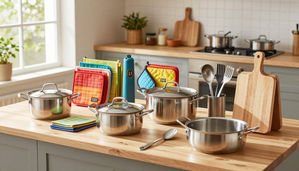 A beautifully arranged kitchen display featuring a variety of Berlinger Haus kitchen accessories. In the foreground, showcase elegant stainless steel cookware, including pots and pans, alongside high-quality kitchen gadgets like utensils and cutting boards. In the middle ground, display a vibrant collection of colorful kitchen textiles, such as pot holders and aprons, all branded with the Berlinger Haus logo. The background should include a tastefully decorated kitchen with warm, natural light streaming in from a large window, casting soft shadows. Use a slightly elevated angle to capture the entire scene, creating an inviting and functional atmosphere. The overall mood should be harmonious and appealing, emphasizing the quality and design of the kitchenware.