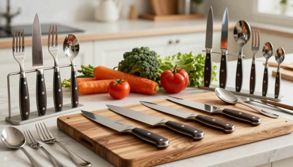 A beautifully arranged kitchen scene showcasing an elegant selection of kitchen knives and cutlery from Berlinger Haus. In the foreground, a polished wooden cutting board displays several stylish, high-quality knives with dark, ergonomic handles, their blades gleaming under soft, natural light. Surrounding them are matching utensils, including forks and spoons, all arranged artistically to create a sense of order and sophistication. In the middle, a vibrant display of fresh vegetables adds color and life to the composition, while the background features a well-organized kitchen countertop with subtle decorative elements. The atmosphere is warm and inviting, emphasizing functionality and elegance in kitchen accessories. The image is captured from a slightly elevated angle, providing a comprehensive view of this kitchen aesthetic.