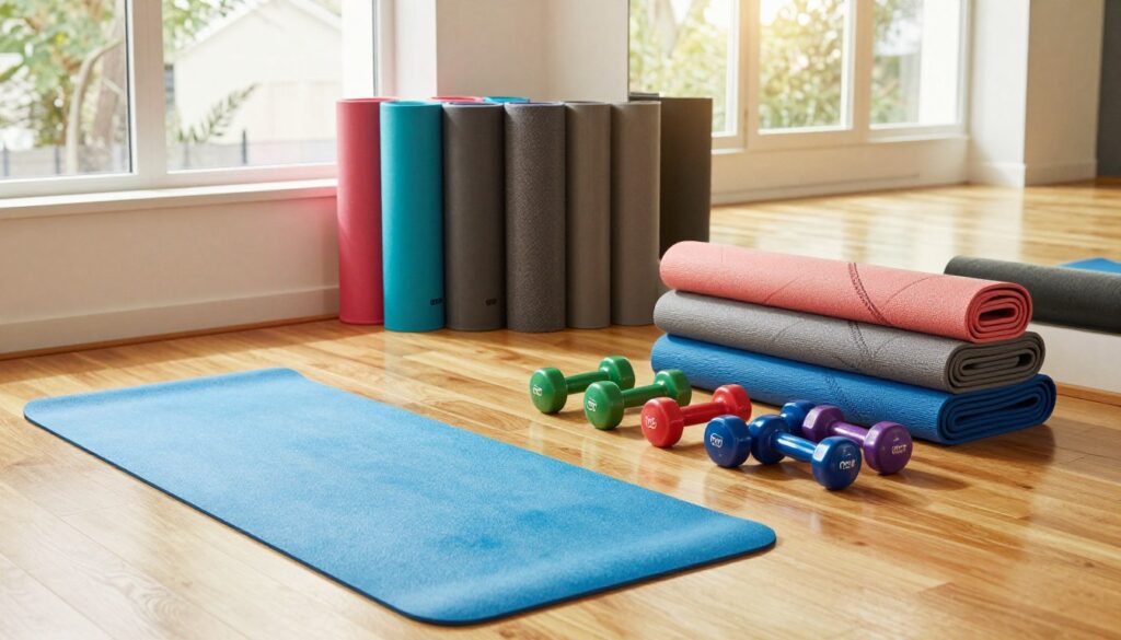 A bright, modern fitness studio showcasing a selection of Crivit fitness products, including colorful exercise mats and various dumbbells arranged artfully on the floor. In the foreground, a vibrant blue yoga mat is positioned beside a set of sleek, shiny dumbbells in contrasting colors. In the middle, a group of neatly stacked mats showcasing different patterns and textures, blending seamlessly into the scene. The background features large windows allowing warm, natural light to flood the space, reflecting off the polished wooden floor, creating an inviting atmosphere. The overall mood is energetic and motivational, inspiring viewers to engage in fitness activities. The shot is captured at a slight angle, emphasizing depth and inviting the viewer into the space.