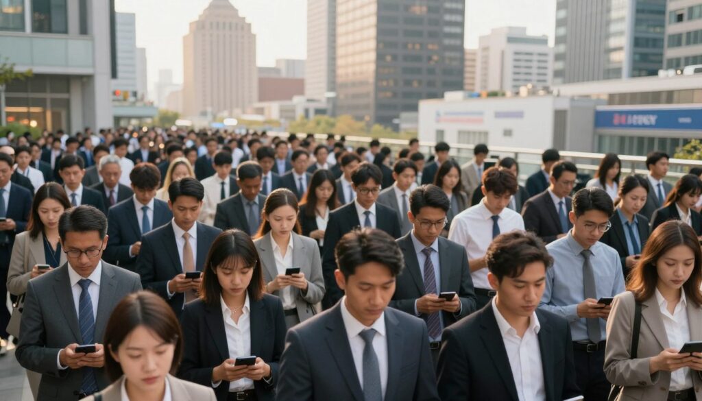 A bustling urban scene showcasing a diverse crowd of 100,000 clients, depicted in a modern city environment. In the foreground, a group of professionals in business attire, including men and women of various ethnicities, representing success and collaboration. In the middle ground, a variety of people engaging with technology, such as smartphones and laptops, symbolizing digital commerce and innovation. The background features a skyline of tall, modern buildings and subtle billboards hinting at financial services. Soft, warm lighting creates an inviting atmosphere, while the perspective is slightly elevated to capture the vastness of the scene. The overall mood conveys thriving business, connectivity, and trust, capturing the essence of a company with a large clientele.