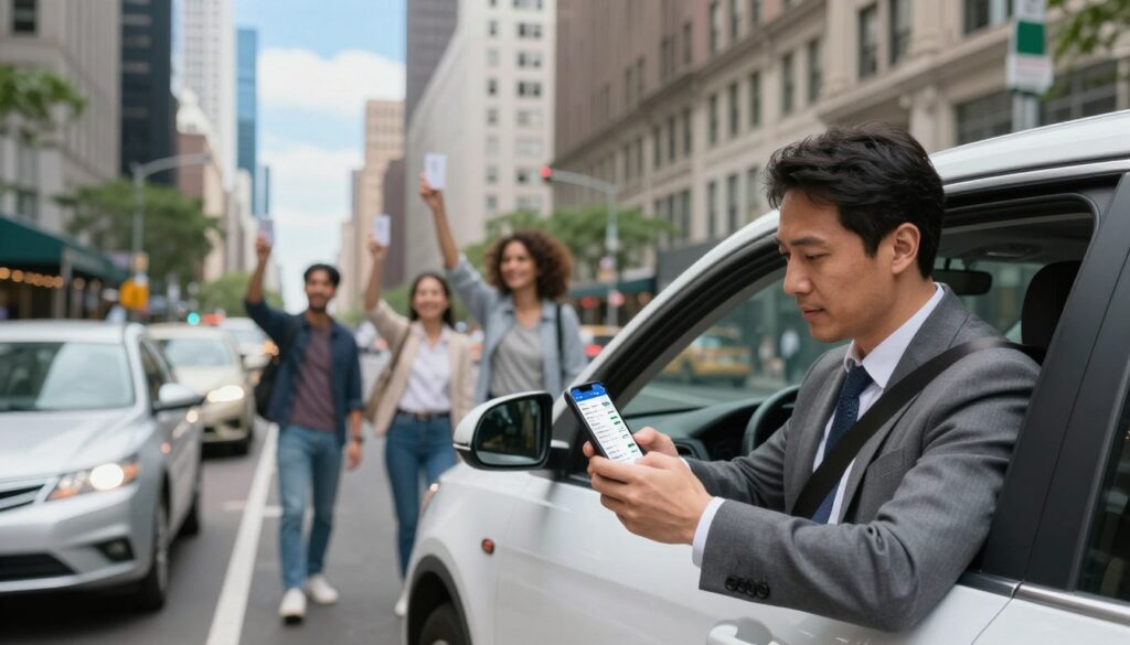 A bustling urban street scene depicting the earnings of Uber drivers in major cities. In the foreground, a professional driver in modest business attire is seated in a clean, modern car, looking thoughtfully at their earnings report on a smartphone. The middle ground features a diverse group of people hailing rides, showcasing the dynamic nature of city life. Buildings representing iconic city architecture rise in the background, under a bright blue sky with soft, natural lighting. The scene captures a sense of activity and energy, emphasizing the financial aspect of ride-sharing in urban environments. The atmosphere is lively yet professional, reflecting the vital role of Uber drivers in metropolitan transportation.