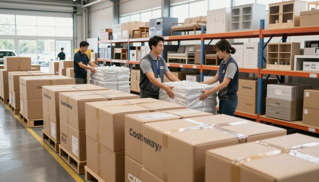 A busy indoor logistics facility showcasing the safe transport of Costway products. In the foreground, a well-organized loading area displays neatly stacked boxes with the Costway logo, emphasizing order and professionalism. The middle ground features workers in professional business attire carefully handling items, ensuring they are properly packed and ready for dispatch. The background includes shelves filled with various Costway products like furniture and home goods, conveying the brand's diverse inventory. The scene is illuminated by bright, natural lighting streaming through large windows, creating a clean, inviting atmosphere. Capture the intensity of the moment with a slightly low angle, focusing on the workers' dedication to safety and efficiency during the transportation process.