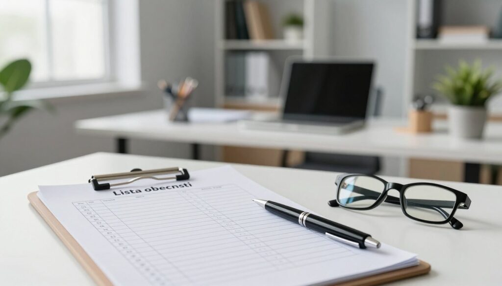 A clean, professional workspace featuring a detailed checklist for attendance management. In the foreground, a clipboard displaying a neatly organized attendance list titled "Lista obecności" with checkboxes and dates. Next to it, a classic black pen and a pair of reading glasses. In the middle ground, a soft-focus view of a modern office desk with a laptop, some office supplies, and a small potted plant for a touch of green. The background includes a softly lit office environment with bookshelves and light gray walls, creating a calm and structured atmosphere. Natural daylight filters through a window, enhancing the professionalism of the space. The image conveys a sense of organization and diligence, ideal for illustrating proper record-keeping in a work placement context.