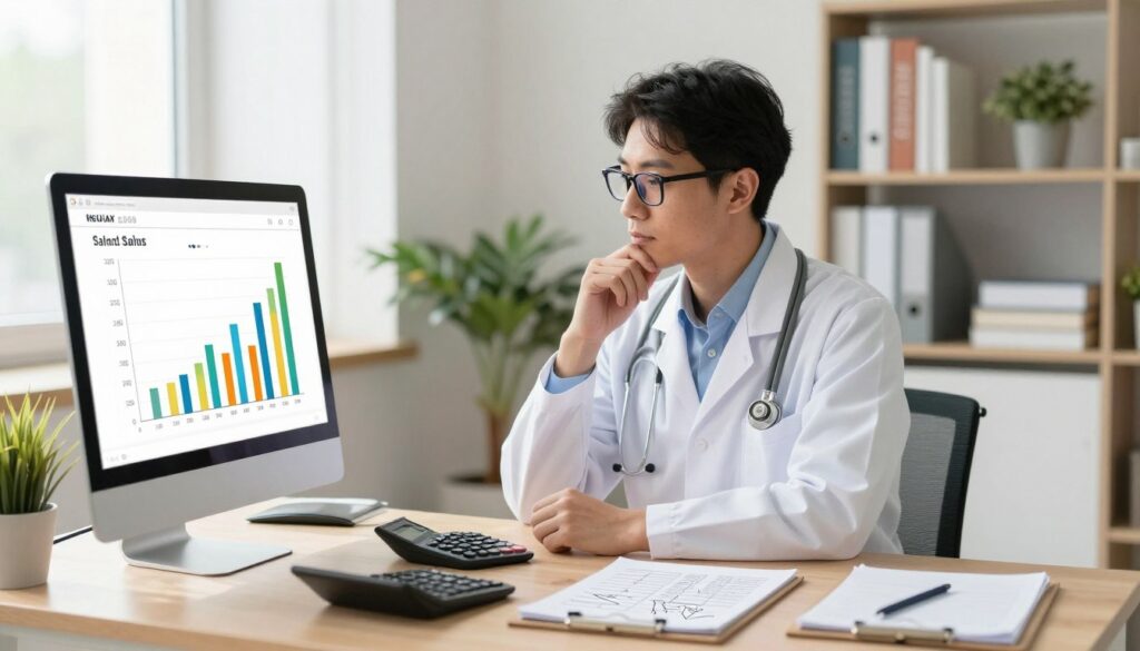 A clinical dietitian's workspace, with a focus on salary statistics. In the foreground, a computer screen displays a colorful, clear graph illustrating median income data, with bars representing different dietary professions. A calculator and notepad with scribbled figures are placed next to the screen, suggesting analytical work in progress. In the middle, a professional dietitian, wearing a white lab coat and glasses, is examining the data with a thoughtful expression. The background features a well-organized office with shelves filled with nutrition books and plants, enhancing a bright and focused atmosphere. Soft, natural light filters through a window, casting gentle shadows for depth. The overall mood is professional and inspiring, emphasizing the importance of accurate salary data in the dietitian field.