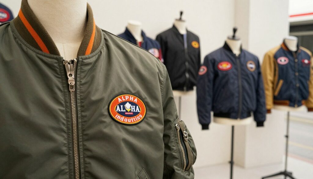 A close-up of a stylish Alpha Industries bomber jacket, prominently featured in the foreground, showcasing its distinctive features such as the orange lining, bold patches, and durable fabric. In the middle ground, arrange various iconic Alpha Industries jackets displayed on mannequins, emphasizing their unique designs and colors. The background should be a clean, minimalist urban setting, reflecting a modern street style, with soft, diffused natural lighting to create a warm atmosphere. Capture the image from a slightly elevated angle, providing depth and perspective, while focusing on showcasing the craftsmanship and legacy of Alpha Industries, evoking a sense of nostalgia and trendiness associated with the brand.