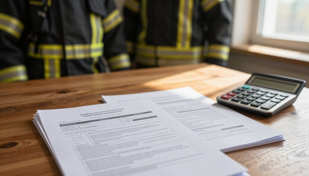 A close-up scene focusing on various financial components related to a firefighter's salary in the Polish State Fire Service (PSP). In the foreground, display a neatly organized stack of papers and documents, including salary statements and bonus information, alongside a professional calculator symbolizing financial calculations. In the middle, feature a polished wooden table with a warm light source casting a soft glow, creating an inviting atmosphere. In the background, include blurred images of firefighting gear, symbolizing the profession, while soft sunlight passes through a window, enhancing the sense of professionalism and seriousness. The mood should be focused and informative, reflecting the importance of understanding financial benefits, rewards, and allowances in firefighting. The color scheme should be warm and earthy, emphasizing trust and reliability.