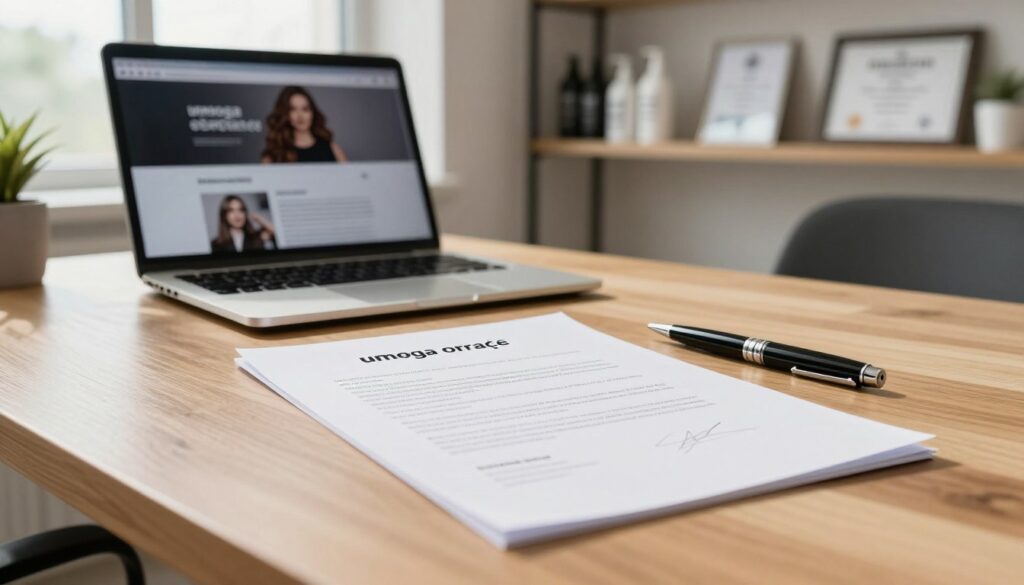 A close-up view of a professional employment contract titled "umowa o pracę," elegantly displayed on a wooden desk in a well-lit, modern office environment. In the foreground, a neatly signed contract lies beside a stylish pen, exuding a sense of professionalism. In the middle ground, a laptop with a business presentation is visible, symbolizing the workspace of a hairdresser. The background features soft-focus shelves adorned with salon products and framed certificates, creating an inviting atmosphere. Natural light streams in through a large window, casting gentle shadows and enhancing the clarity of the scene. The overall mood is focused and informative, reflecting the themes of employment types and work models.