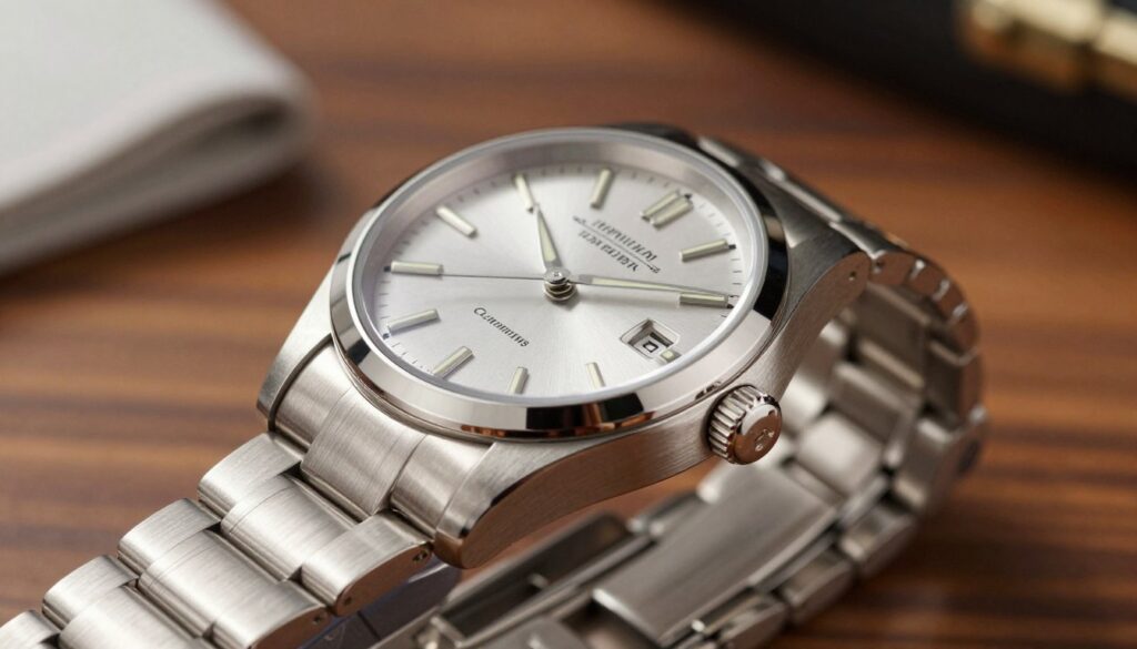 A close-up view of a stainless steel watch, showcasing its intricate craftsmanship and polished surface. The watch features a sophisticated design with a shiny silver dial, luminous hands, and a sturdy stainless steel band. Light reflects off the metal, creating a dynamic interplay of highlights and shadows, emphasizing the high-quality material. In the background, softly blurred elements like a polished wooden table or a subtle fabric, enhancing the elegance of the scene. The lighting is warm and inviting, creating a professional yet luxurious atmosphere. The composition focuses on the watch, capturing its details like the fine engravings and textures, while maintaining a sense of sophistication and allure typical of Italian craftsmanship.