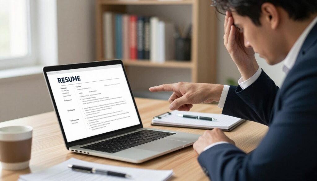 A cluttered desk in a professional office setting, featuring an open laptop displaying a digital resume on the screen. In the foreground, a person dressed in a formal suit, looking frustrated and pointing to glaring mistakes on the resume, such as typos and poor formatting. The middle ground showcases various items scattered on the desk, including a notepad, pens, and a cup of coffee, symbolizing the stress of job applications. The background features a softly blurred bookshelf filled with career-related books, and a window letting in warm, natural light to create an inviting atmosphere. The image conveys a mood of concern and urgency around common resume pitfalls that hinder job opportunities.