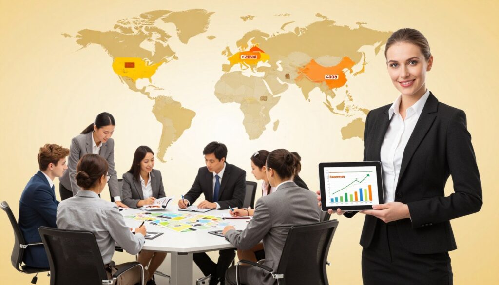 A conceptual illustration depicting the evolution of Costway in 2008 and its international market development. In the foreground, a professional business person in elegant attire stands confidently, holding a tablet displaying graphs and charts showing growth. In the middle ground, a diverse team of business professionals collaborate around a modern conference table, analyzing maps and product catalogs. The background features a stylized world map with highlighted regions indicating Costway's expansion, complemented by images of popular Costway products like furniture and home goods. The lighting is warm and inviting, giving a sense of optimism and progress. Use a wide-angle lens to capture the dynamic atmosphere, emphasizing collaboration and innovation in a corporate setting.