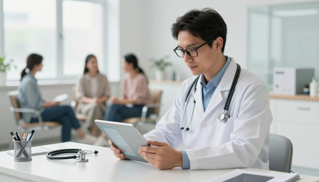 A confident doctor in a bright and modern clinic, wearing a professional white coat, examining a digital tablet filled with patient data. The foreground features the doctor, who is a Caucasian male in his 30s, with short dark hair and glasses, focused on the screen. In the middle, there's a sleek desk with medical tools and a stethoscope. The background shows a clean waiting area with patients sitting in chairs, engaged in light conversation. Natural light pours in from large windows, creating a warm and welcoming atmosphere. The angle captures the doctor slightly off-center, emphasizing his authoritative presence while highlighting the clinical setting. The overall mood conveys professionalism and trust in healthcare.