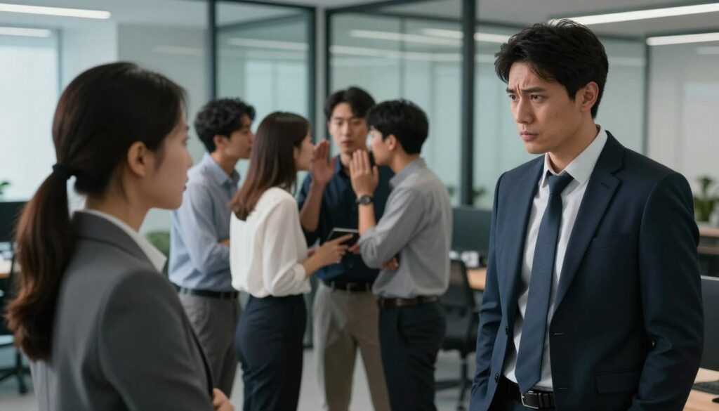 A corporate office setting depicting various types of workplace bullying in a subtle yet impactful manner. In the foreground, a professional man in business attire stands, looking distressed as he is confronted by an aggressive colleague, illustrating verbal harassment. In the middle ground, a group of employees are gathered, whispering and exchanging glances, symbolizing gossip and social exclusion. The background features a modern office environment with glass walls and soft, diffused lighting giving a tense yet realistic atmosphere. The scene is captured from a slightly elevated angle to emphasize the power dynamics, with shadows subtly highlighting the emotional weight. The mood should evoke a sense of unease and reflection on workplace relationships.
