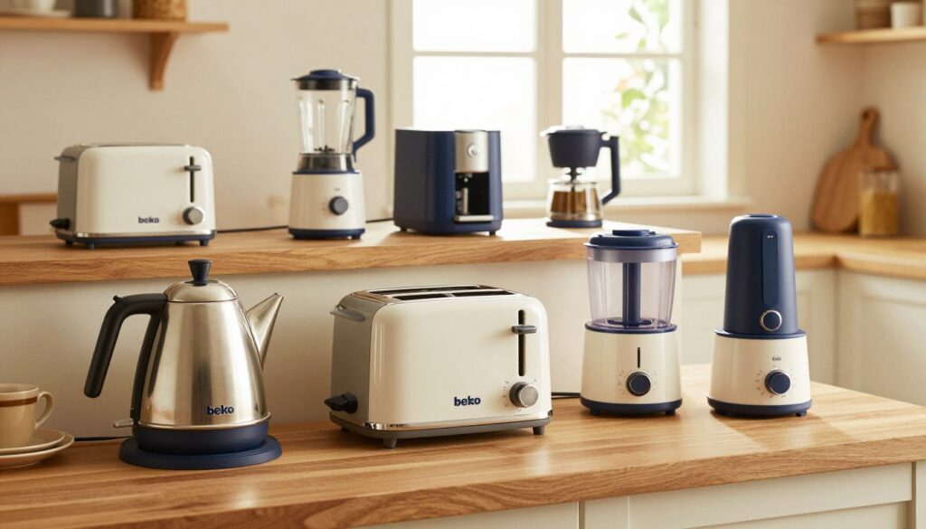A cozy kitchen setting showcasing Beko small appliances, including a sleek kettle, an elegant toaster, and a compact food processor, arranged artfully on a wooden countertop. In the foreground, the appliances gleam under warm, soft lighting that emphasizes their modern design and functionality. The middle ground features a well-organized shelf displaying Beko's signature blue and white branding on other small gadgets like a blender and coffee maker, creating a cohesive look. In the background, a bright window allows natural light to illuminate the scene, enhancing the inviting atmosphere of the kitchen. Aim for a clean, minimalist aesthetic that highlights the quality and appeal of the range, evoking comfort and style in home cooking.