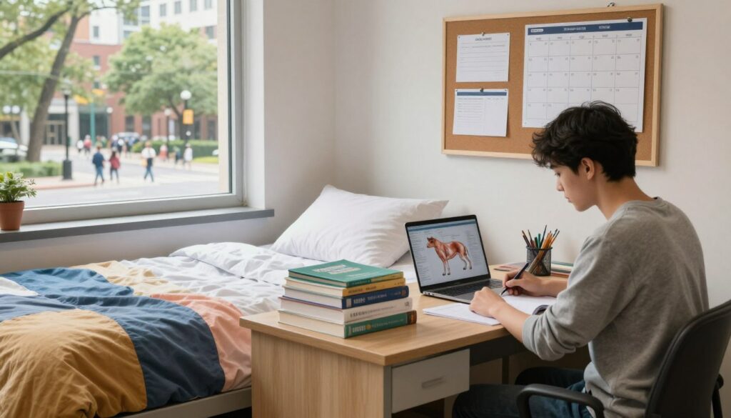 A cozy student accommodation room in an academic city, featuring a neatly made bed with colorful bedding, a study desk piled with veterinary textbooks, and a laptop open with a veterinary anatomy diagram. A corkboard on the wall holds schedules and reminders, while a window offers a view of a bustling campus street filled with trees and students walking. Soft, natural light filters in, creating a warm and inviting atmosphere. In the foreground, a young student wearing casual but neat clothing is sitting at the desk, engrossed in studying, embodying the life of a veterinary student. The overall mood is focused and academic, conveying the essence of student life in a city setting.