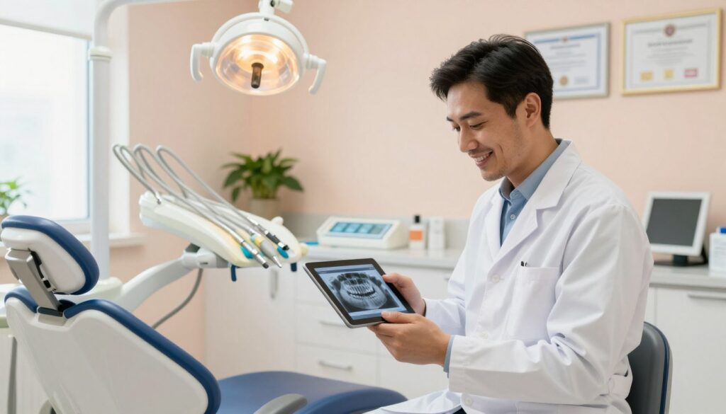 A dental office interior, showcasing a dentist's workstation. In the foreground, a dentist in a crisp white coat, smiling and reviewing a patient's dental chart on a digital tablet, emphasizes professionalism and approachability. In the middle, a dental chair with a bright overhead light and various instruments neatly arranged on a tray, symbolizing readiness for patient care. The background features soft pastels on the walls, decorative plants, and certificates hung neatly, creating a calm and welcoming atmosphere. Warm, natural lighting filters in through a window, enhancing the clean and organized setting. The overall mood conveys stability and professionalism, reflecting the nuances of working in a dental office.