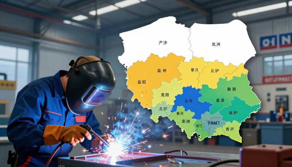 A detailed and engaging illustration showing regional salary differences for welders (spawaczy) in Poland. In the foreground, depict a welder in professional attire using a TIG welding machine, focused on his work, with sparks flying. In the middle ground, include a map of Poland with highlighted regions that denote higher salaries, using vibrant colors to indicate their contrast. The background should feature a factory setting with distinct regional characteristics, such as architectural styles or signage specific to different parts of Poland. The lighting is bright and dynamic, conveying a sense of productivity and energy. The atmosphere is professional and industrious, appealing to those interested in the trade and its opportunities across the country.