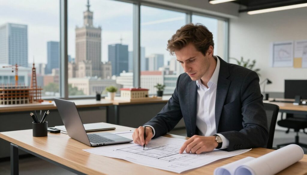 A detailed and visually engaging depiction of a construction architect in professional attire, analyzing architectural plans in a modern urban office setting. In the foreground, the architect, a young Caucasian male, is studying blueprints while seated at a sleek wooden desk with a laptop. The middle ground features large windows offering a panoramic view of Warsaw's skyline, showcasing high-rise buildings and historical architecture under a clear blue sky. The background includes architectural models and tools, creating an inspiring work environment. Soft, natural lighting filters through the windows, enhancing the professionalism of the scene while casting gentle shadows. The overall mood is focused and industrious, emphasizing the architectural field's dynamic nature and varying income potentials across different Polish cities.