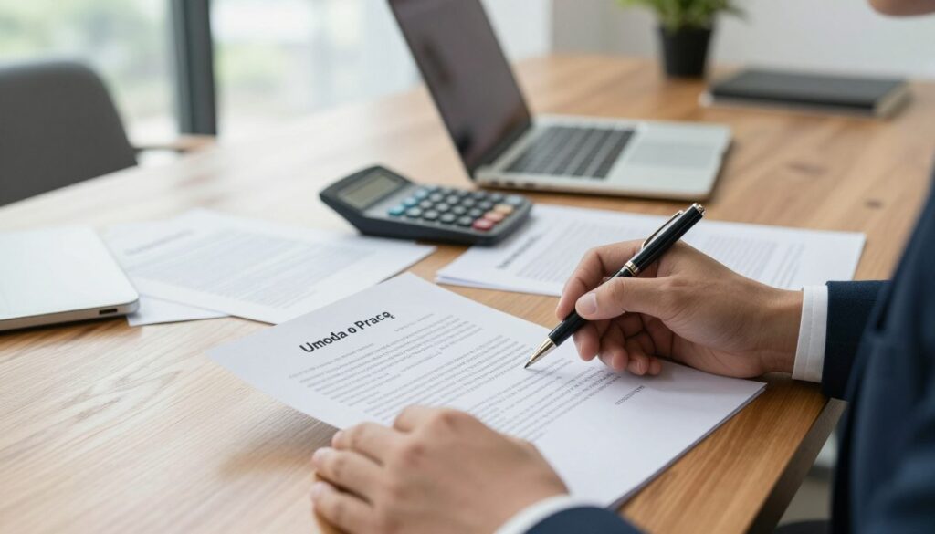 A detailed close-up of a professional contract titled "Umowa o Pracę" set on a polished wooden desk. The foreground features hands in business attire scrutinizing the document with a pen, showing engagement and focus. In the middle ground, there are scattered papers, a calculator, and a laptop, symbolizing the administrative nature of employment agreements. The background includes a softly blurred office environment with a large window allowing natural light to illuminate the scene, creating a warm and inviting atmosphere. The overall mood is one of professionalism and contemplation, highlighting the importance of understanding employment contracts in relation to work experience.