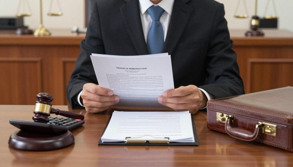 A detailed composition focusing on various financial add-ons that enhance a district judge's salary. In the foreground, a neatly arranged desk featuring items like a calculator, a stack of legal documents, and a polished wooden briefcase. In the middle, a professional figure dressed in formal business attire, examining the documents, embodying a sense of authority and diligence. The background showcases a well-lit courtroom with elegant wooden panels and a judge's gavel prominently displayed, symbolizing the legal profession. Soft, diffused lighting casts a warm glow across the scene, creating an atmosphere of professionalism and respect. Capture this image at a slight angle to emphasize the depth and organization of the elements, evoking a sense of clarity and order in the judicial system.