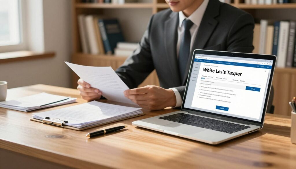 A detailed, engaging workspace displaying a professional setting focused on VAT verification. In the foreground, a polished wooden desk with a laptop open, displaying a clear digital interface of the "White List of Taxpayers." Near the laptop, there are neatly stacked documents and a stylish pen. In the middle, a confident businessperson in a formal attire, thoughtfully reviewing paperwork, emanating a sense of diligence and attention to detail. The background features soft-focus shelves filled with books on tax law and accounting, enhancing the professional atmosphere. Warm, natural lighting streams through a nearby window, casting gentle shadows and creating an inviting, focused environment, capturing the essence of efficient business operations. A detailed, engaging workspace displaying a professional setting focused on VAT verification. In the foreground, a polished wooden desk with a laptop open, displaying a clear digital interface of the "White List of Taxpayers." Near the laptop, there are neatly stacked documents and a stylish pen. In the middle, a confident businessperson in a formal attire, thoughtfully reviewing paperwork, emanating a sense of diligence and attention to detail. The background features soft-focus shelves filled with books on tax law and accounting, enhancing the professional atmosphere. Warm, natural lighting streams through a nearby window, casting gentle shadows and creating an inviting, focused environment, capturing the essence of efficient business operations.