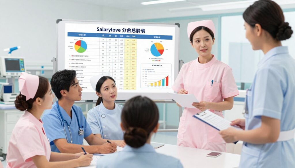 A detailed illustration of a nurse working in a modern healthcare setting, focusing on the salary grid and pay structure changes. In the foreground, a diverse group of nurses in professional attire is discussing with a supervisor who is holding a document outlining new pay regulations. In the middle, a large whiteboard displays colorful charts and graphs representing the new salary scales and benefits. The background features a bright, well-equipped hospital environment with medical equipment and supportive staff. The lighting is bright and welcoming, creating a positive and professional atmosphere. The angle is slightly elevated, capturing the collaborative nature of the meeting while emphasizing the focus on salary discussions.