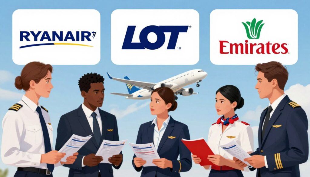 A detailed illustration of airline salary comparisons, featuring three distinct airline logos: Ryanair, LOT, and Emirates, prominently displayed in the background. In the foreground, depict a diverse group of airline professionals in crisp business attire, including pilots and flight attendants, engaged in discussion. Capture their expressions of determination and ambition as they hold airline brochures and salary charts. The middle ground can feature an aircraft taking off in a clear blue sky, symbolizing the aviation industry. Use soft, natural lighting to create an optimistic mood, focusing on the professionals' interactions while ensuring a clean, organized composition with no distractions.