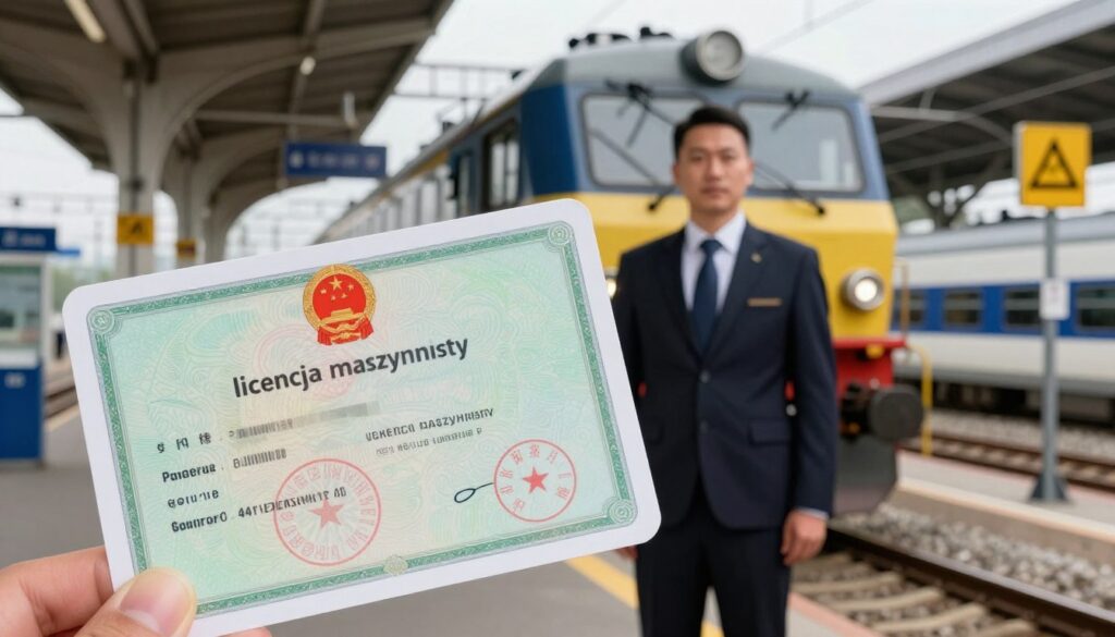 A detailed image depicting a "licencja maszynisty" (engine driver's license), prominently displayed in the foreground. The license should feature intricate designs and safety symbols associated with rail transport, with a polished finish that reflects light. In the middle, include a professional train driver in business attire, standing confidently beside a locomotive, holding the license proudly. In the background, show a modern railway station with trains, maintenance equipment, and safety signage, creating a dynamic atmosphere of the railway industry. The lighting should be bright, evoking a sense of professionalism and achievement, with soft shadows to add depth. Capture the scene from a slightly low angle to emphasize the train driver's stature and the significance of the license in their career. The overall mood should inspire aspiration and dedication to the railway profession.