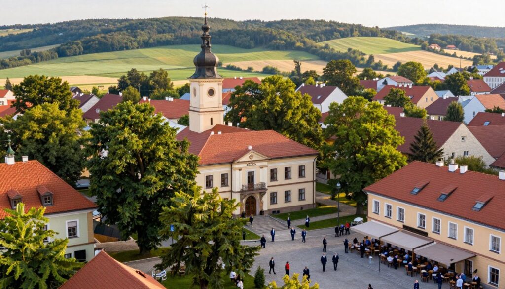 A detailed landscape showcasing a vibrant Polish gmina situated amid a picturesque powiat and województwo. In the foreground, depict a charming town square bustling with residents, some dressed in professional business attire, enjoying outdoor cafés. The middle ground features the municipal office building, symbolizing local governance, framed by trees in varying shades of green. In the background, capture rolling hills and farmlands, hinting at the rural aspects of the region. Soft morning light bathes the scene, creating a warm and inviting atmosphere. Use a slight aerial perspective to emphasize the relationship between the gmina and its surrounding powiat and województwo, while maintaining clarity and focus throughout the image.